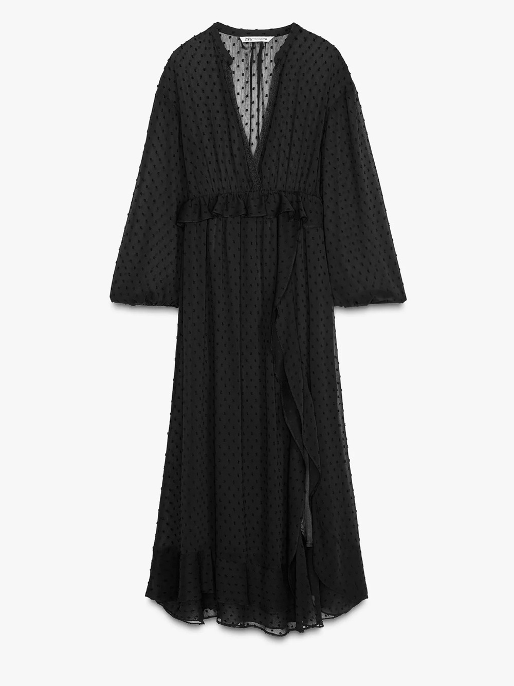 Zara Black Swiss Dot Maxi Wrap Dress with Ruffle Hem